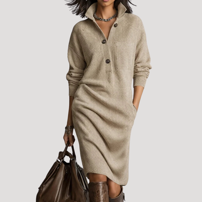 Women's Jumper Dress – Knit Midi Buttoned High Collar