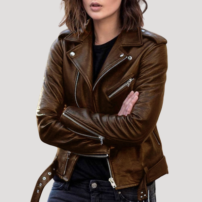 Women's Zip-Front Biker Jacket in Brown