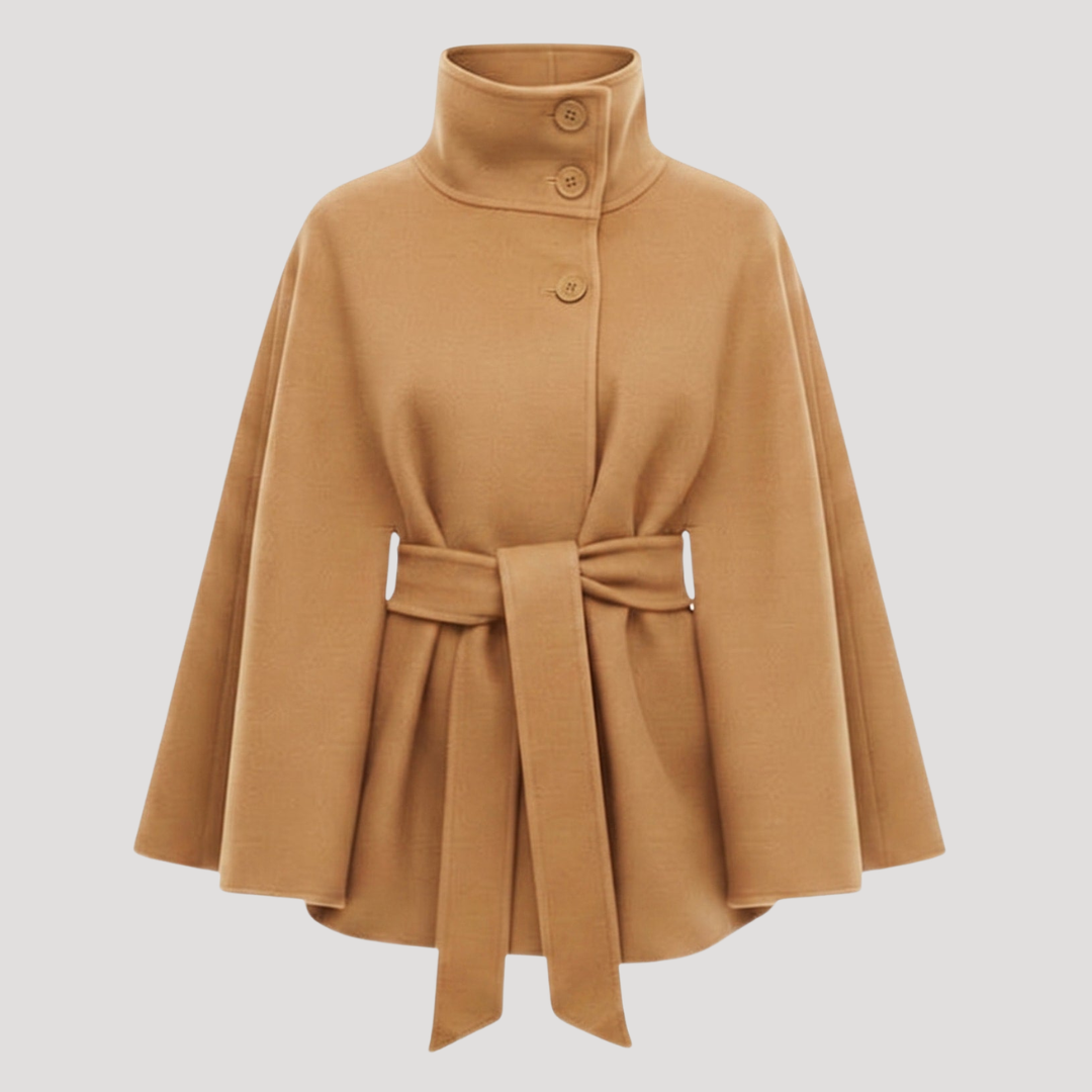 Women's Belted High-Neck Cape Coat in Khaki