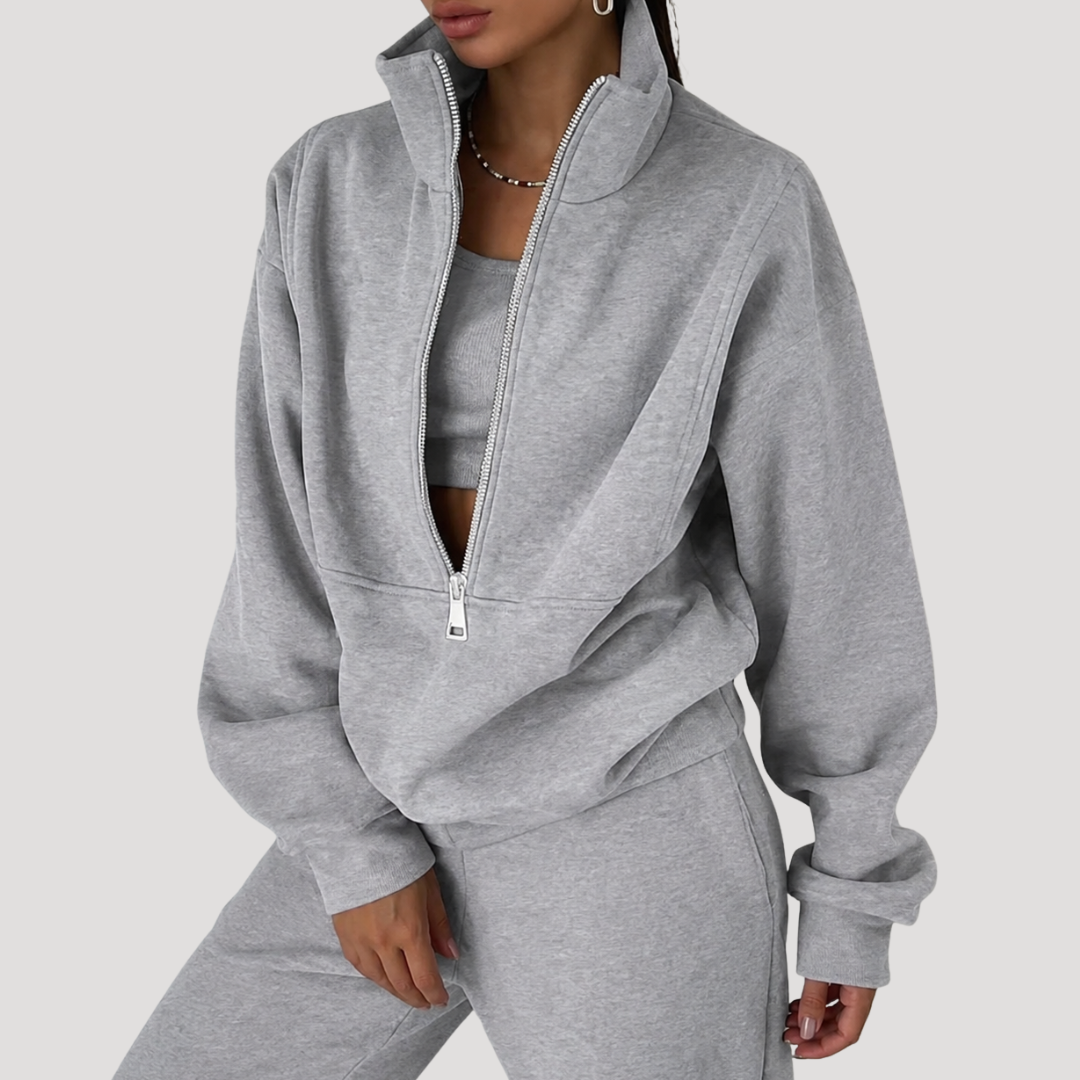 Women's Half-Zip Sweatshirt and Pants Set in Gray
