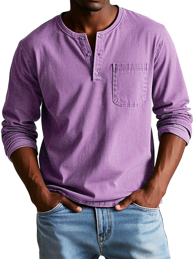 Men's Long-Sleeve T-Shirt – Buttoned Henley Collar Vintage