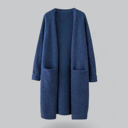 Women's Long Open-Front Cardigan with Pockets in Royal Blue