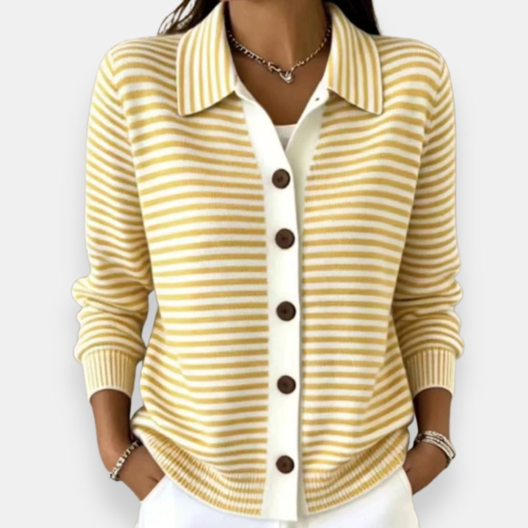Women's Striped Cardigan – Full Button Fine Stripes Relaxed Fit