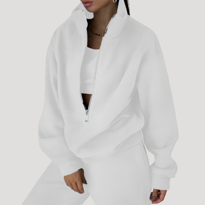 Women's Half-Zip Sweatshirt and Pants Set in White