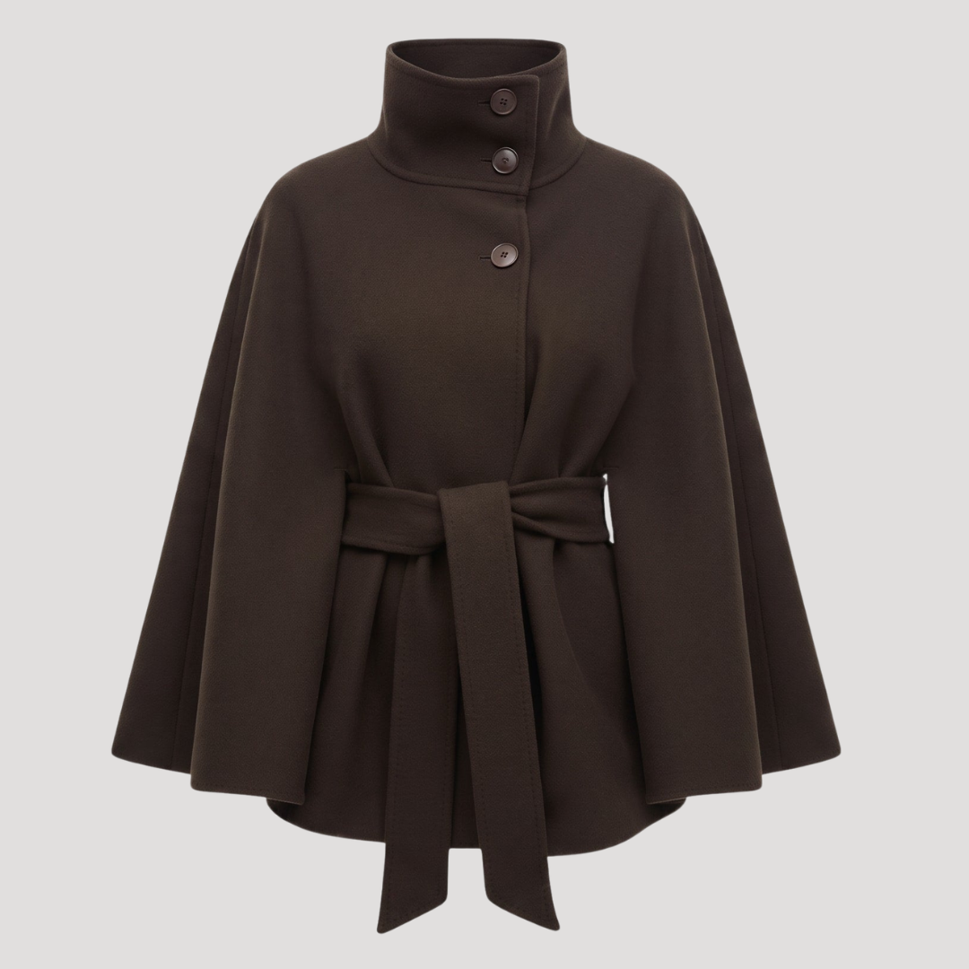 Women's Belted High-Neck Cape Coat in Brown