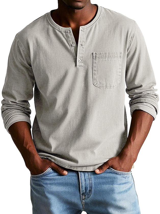 Men's Long-Sleeve T-Shirt – Buttoned Henley Collar Vintage