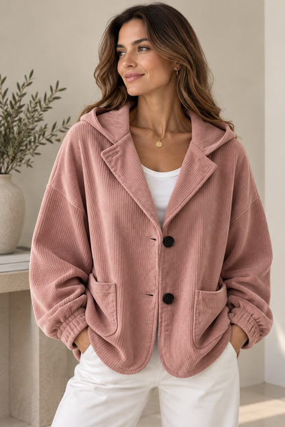 Women's Corduroy-Look Jacket – Oversized Hooded Buttoned