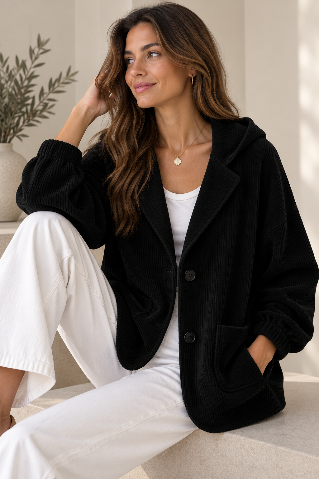Women's Corduroy-Look Jacket – Oversized Hooded Buttoned