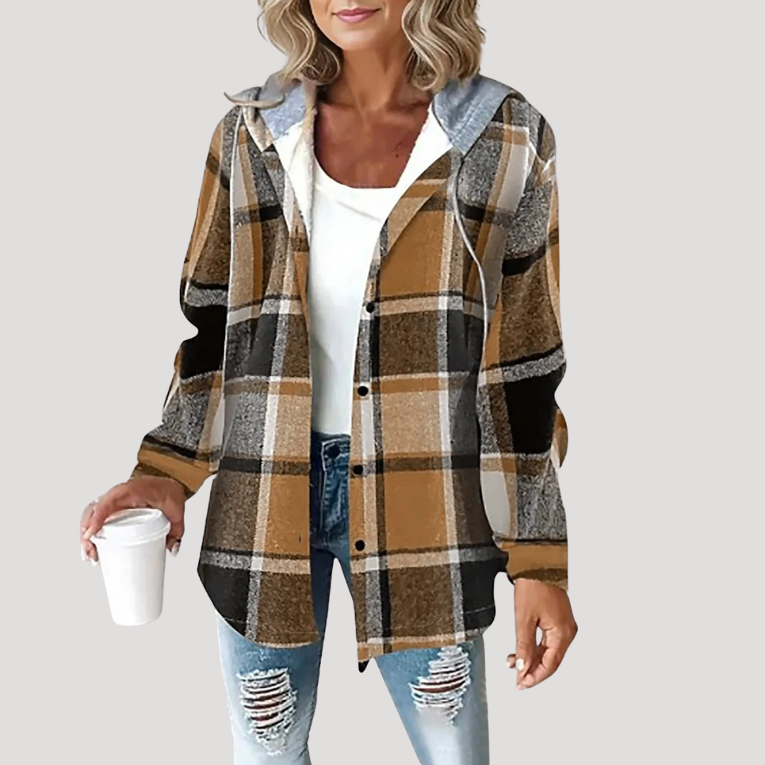 Women's Hooded Plaid Jacket in Brown