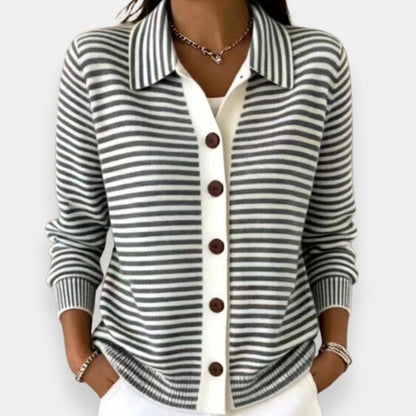 Women's Striped Cardigan – Full Button Fine Stripes Relaxed Fit