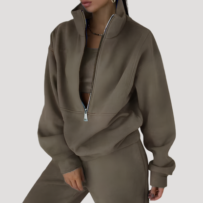 Women's Half-Zip Sweatshirt and Pants Set in Olive Green