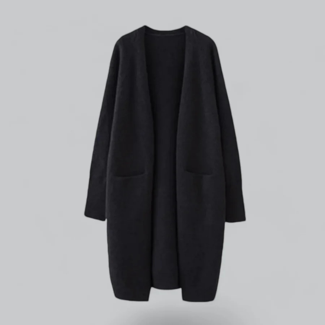 Women's Long Open-Front Cardigan with Pockets in Black