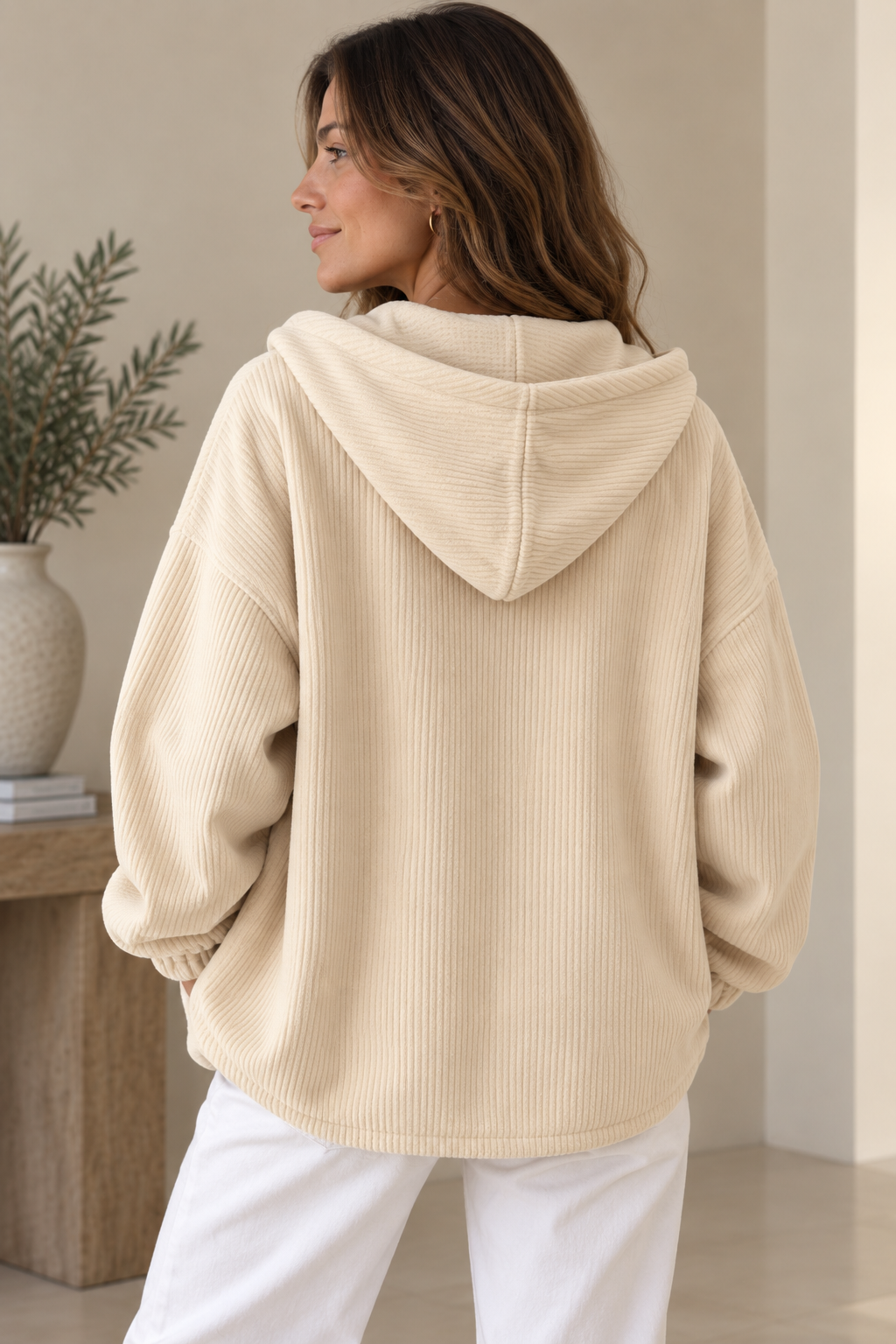 Women's Corduroy-Look Jacket – Oversized Hooded Buttoned