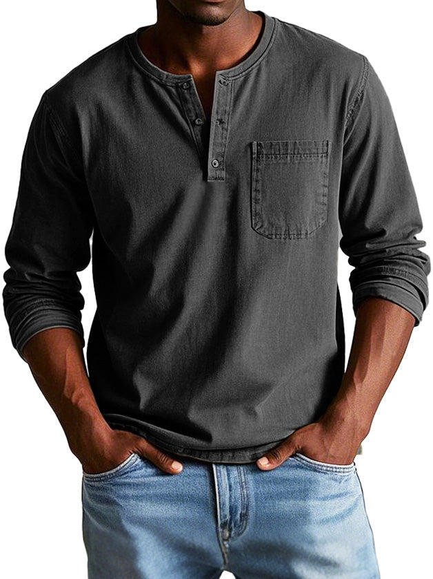 Men's Long-Sleeve T-Shirt – Buttoned Henley Collar Vintage
