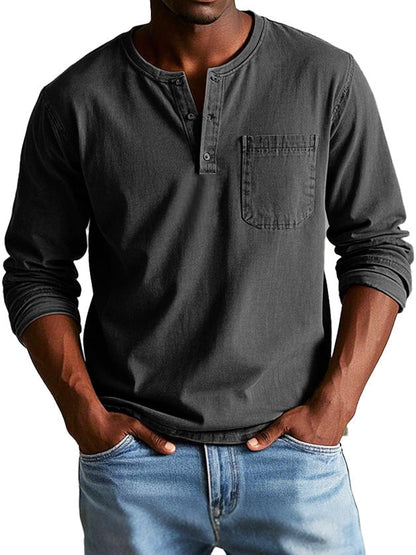 Men's Long-Sleeve T-Shirt – Buttoned Henley Collar Vintage