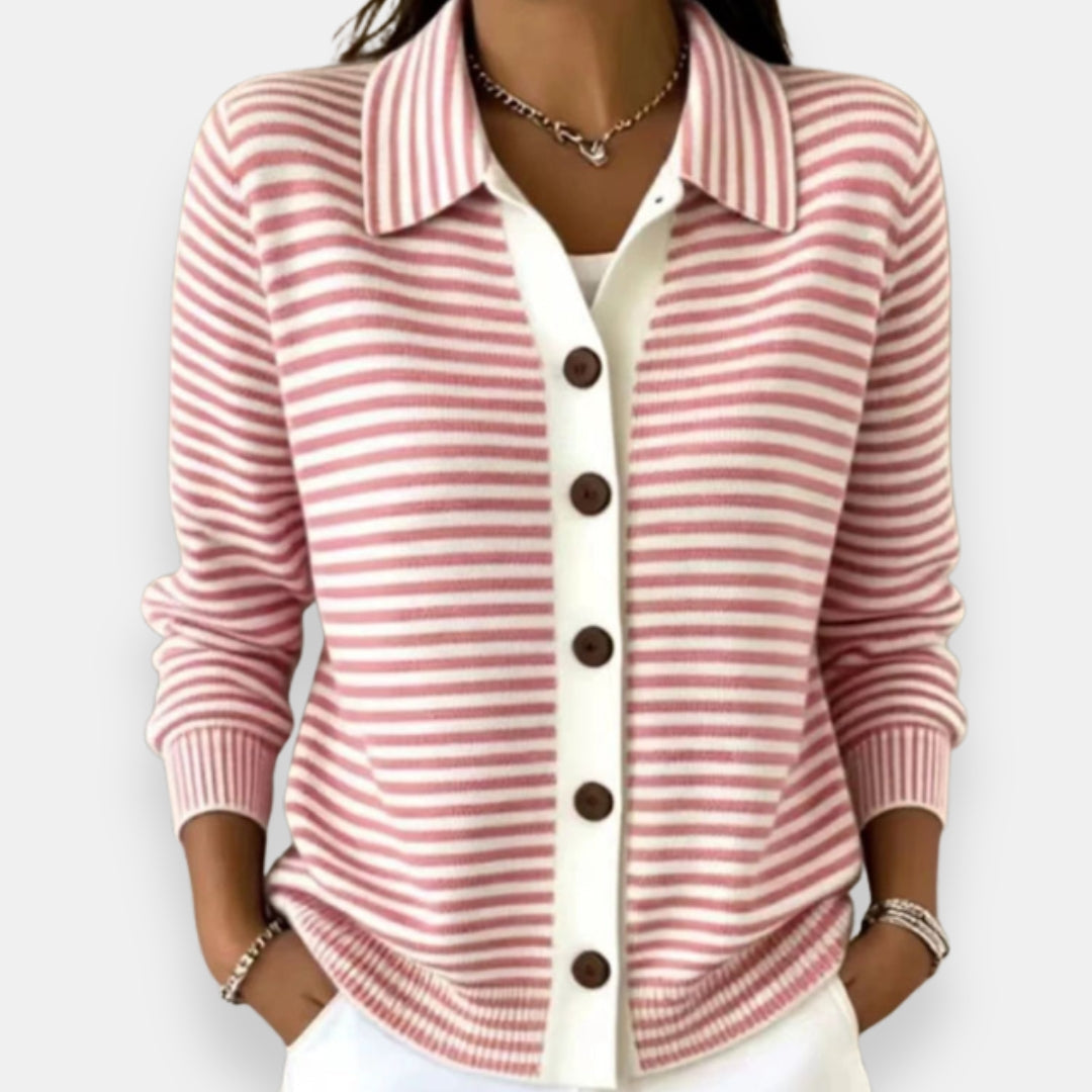 Women's Striped Cardigan – Full Button Fine Stripes Relaxed Fit