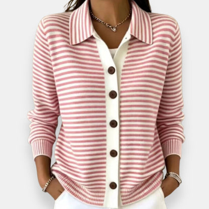 Women's Striped Cardigan – Full Button Fine Stripes Relaxed Fit
