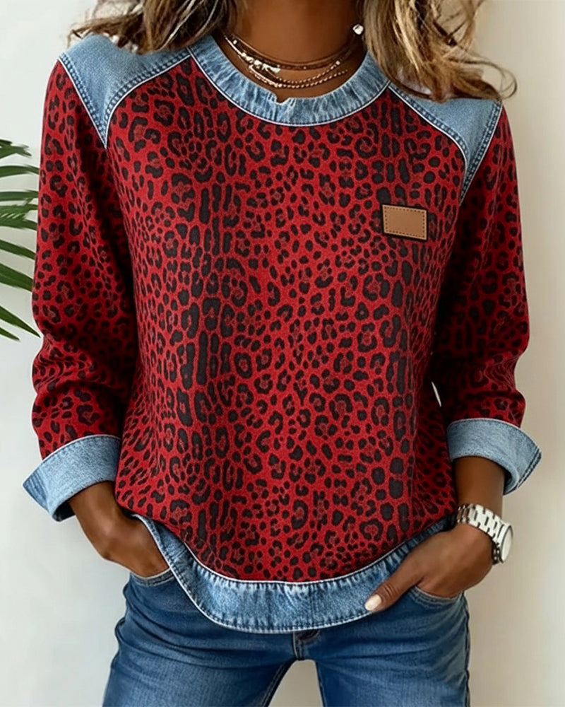 Women's Leopard Print Sweater – Denim-Look Panels Round Neck