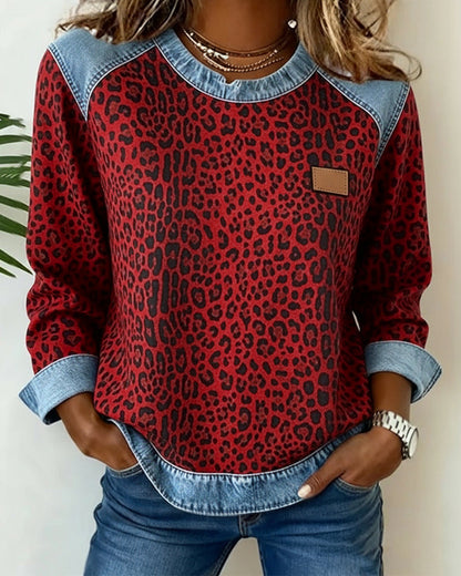Women's Leopard Print Sweater – Denim-Look Panels Round Neck