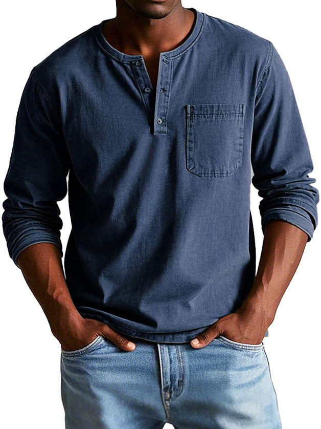 Men's Long-Sleeve T-Shirt – Buttoned Henley Collar Vintage