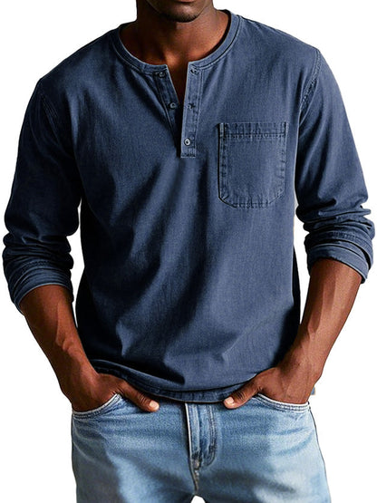 Men's Long-Sleeve T-Shirt – Buttoned Henley Collar Vintage