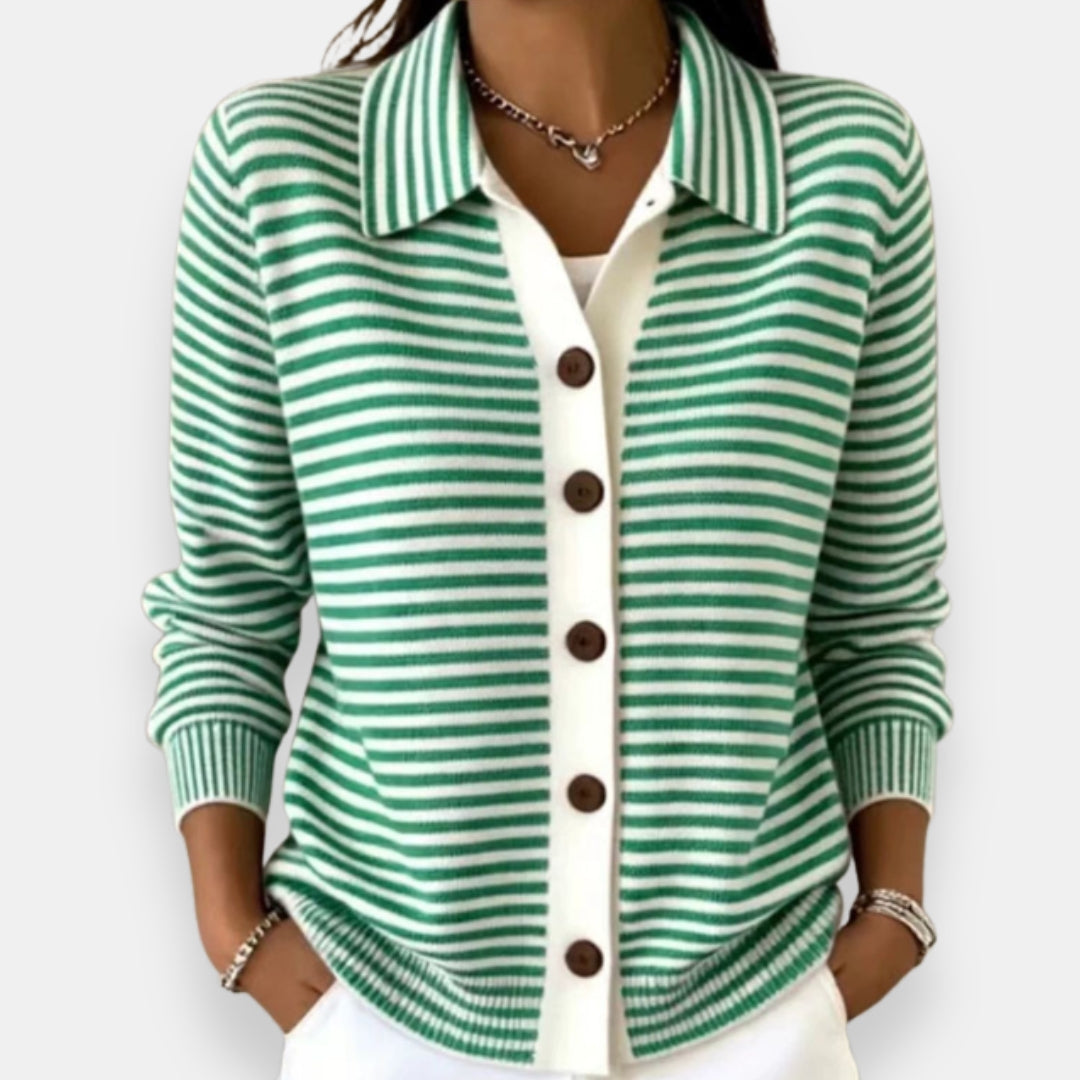 Women's Striped Cardigan – Full Button Fine Stripes Relaxed Fit