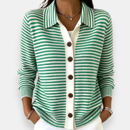 Women's Striped Cardigan – Full Button Fine Stripes Relaxed Fit