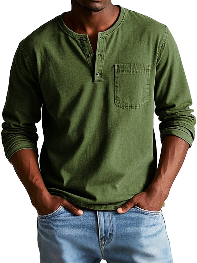 Men's Long-Sleeve T-Shirt – Buttoned Henley Collar Vintage