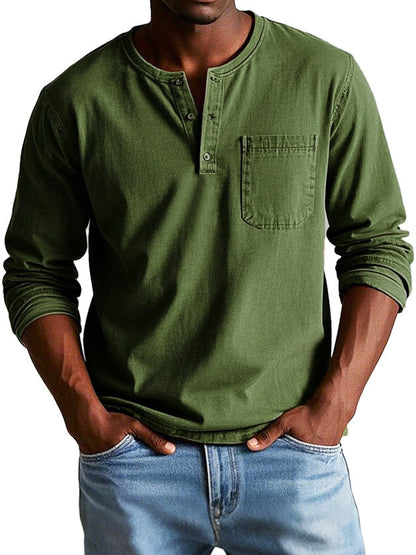 Men's Long-Sleeve T-Shirt – Buttoned Henley Collar Vintage