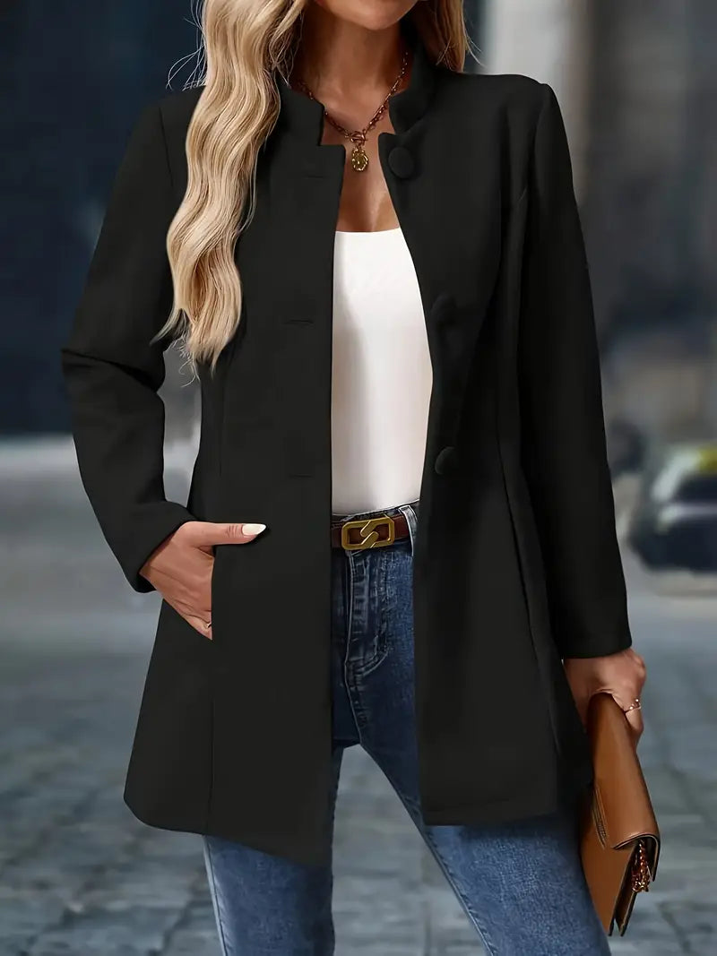 Women's Stand-Collar Jacket – Structured Buttoned with Pockets
