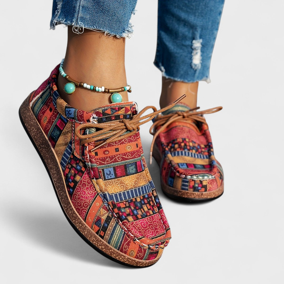 Women's Boho Woven Trainers – Lace-Up Chunky Sole Trainers