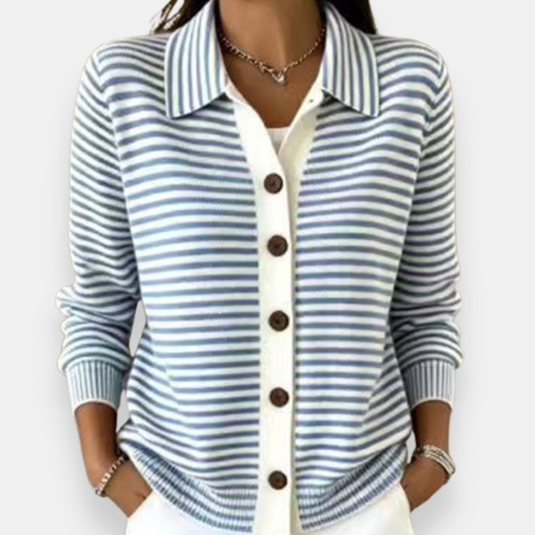 Women's Striped Cardigan – Full Button Fine Stripes Relaxed Fit