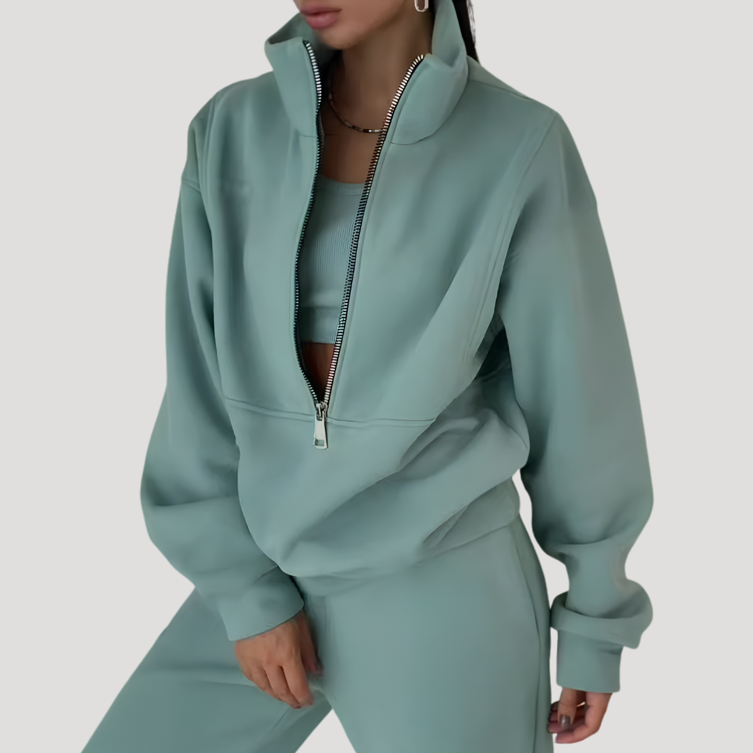 Women's Half-Zip Sweatshirt and Pants Set in Light Green