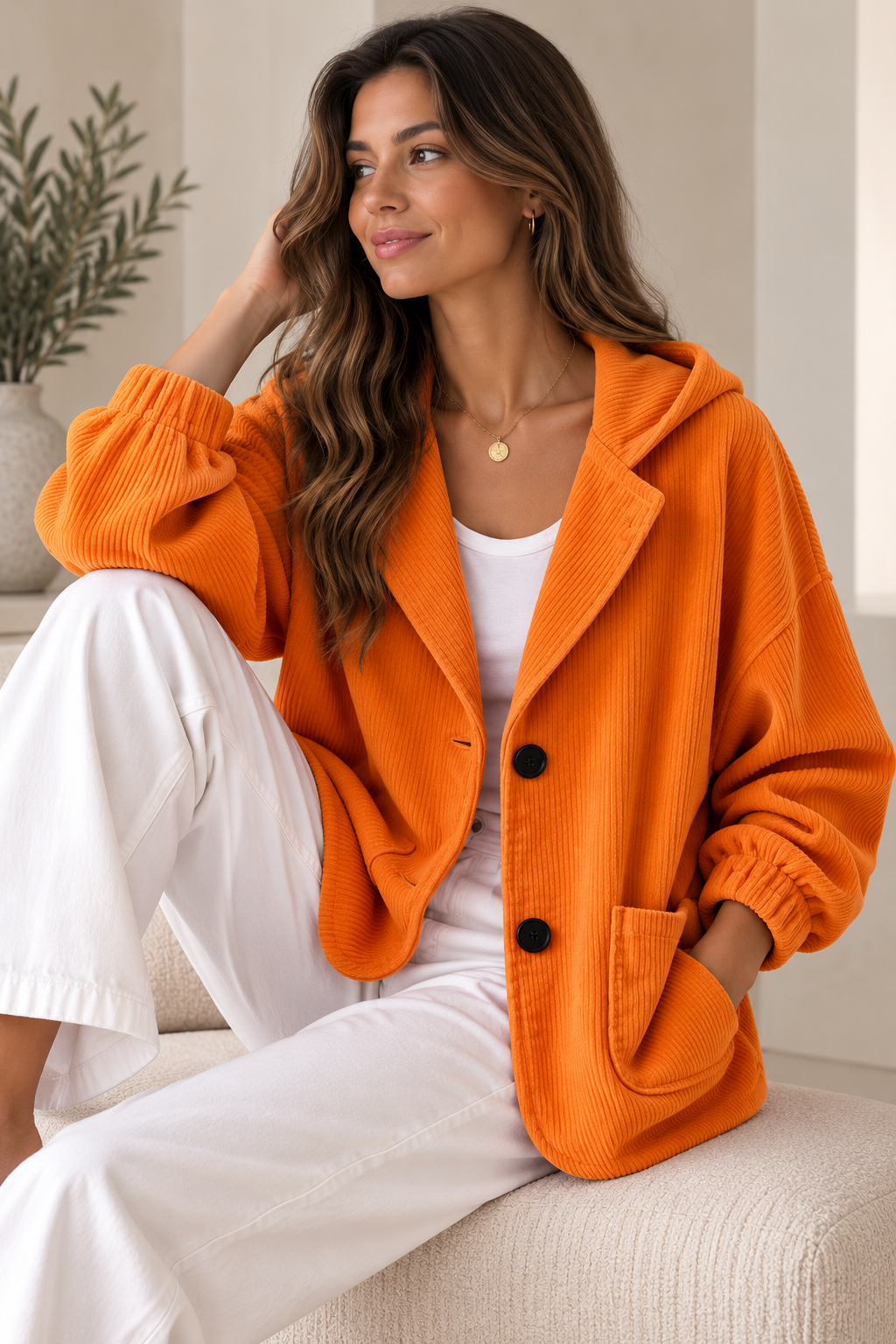 Women's Corduroy-Look Jacket – Oversized Hooded Buttoned