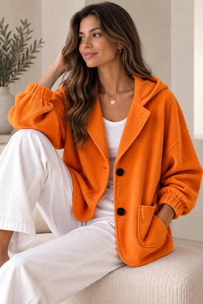 Women's Corduroy-Look Jacket – Oversized Hooded Buttoned