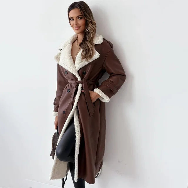 Women's Long Faux-Leather Coat – Faux-Fur Collar and Lining