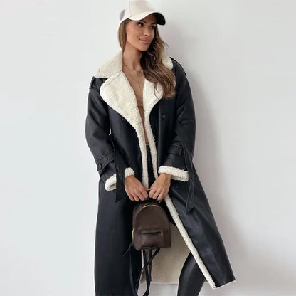 Women's Long Faux-Leather Coat – Faux-Fur Collar and Lining