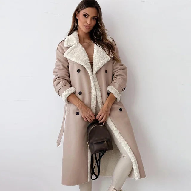 Women's Long Faux-Leather Coat – Faux-Fur Collar and Lining