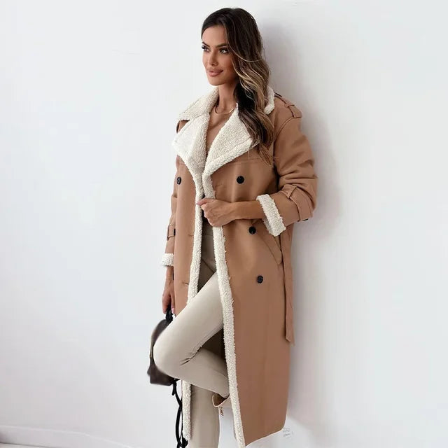 Women's Long Faux-Leather Coat – Faux-Fur Collar and Lining