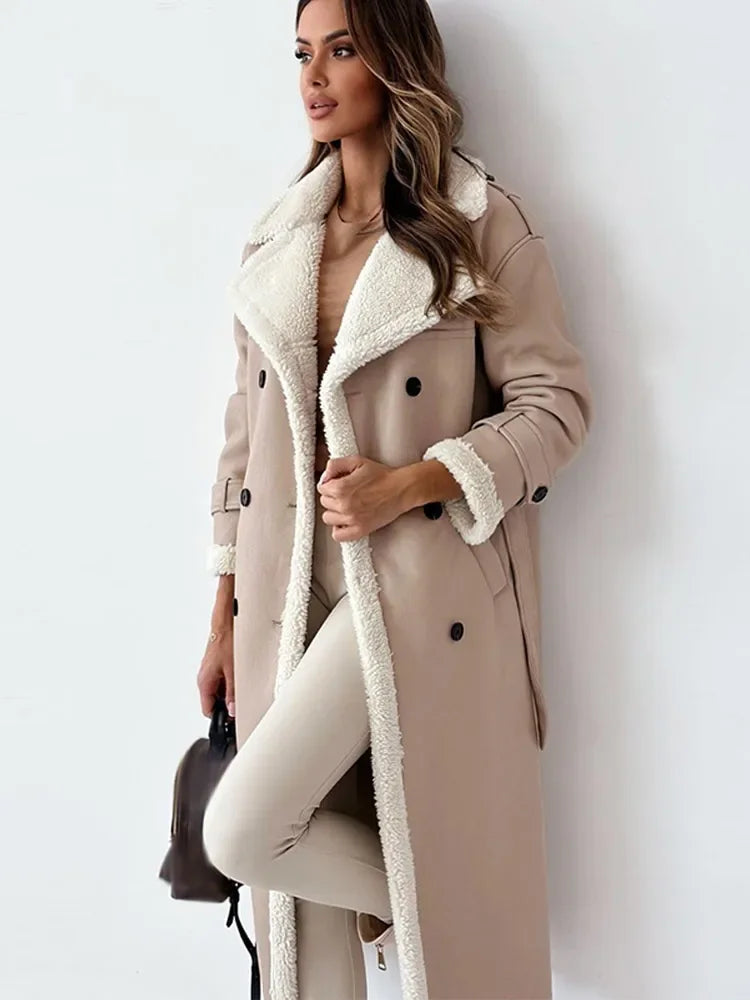 Women's Long Faux-Leather Coat – Faux-Fur Collar and Lining