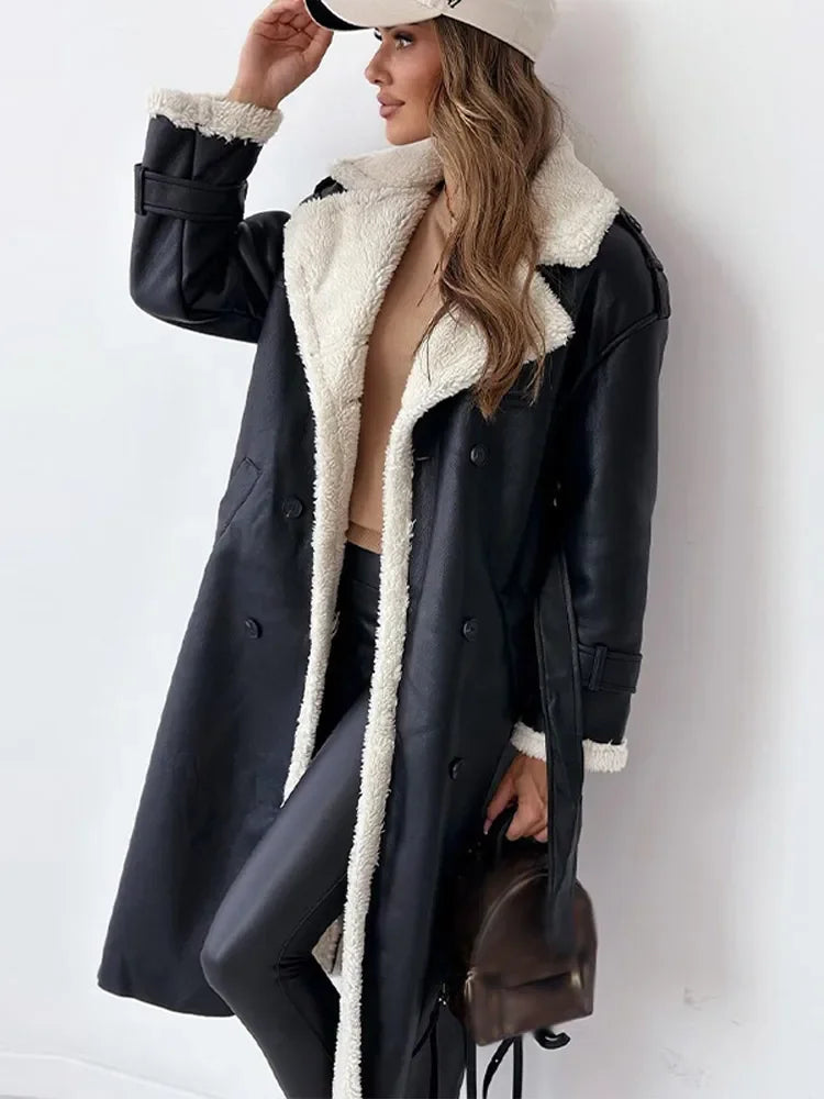 Women's Long Faux-Leather Coat – Faux-Fur Collar and Lining