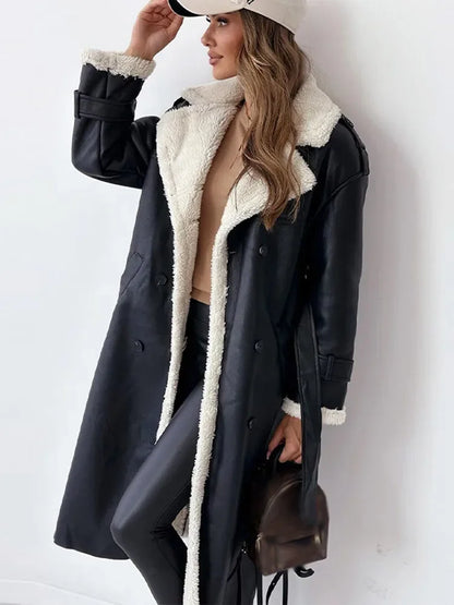 Women's Long Faux-Leather Coat – Faux-Fur Collar and Lining