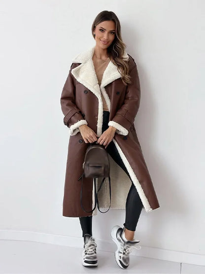 Women's Long Faux-Leather Coat – Faux-Fur Collar and Lining