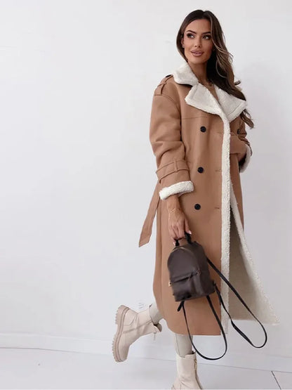 Women's Long Faux-Leather Coat – Faux-Fur Collar and Lining