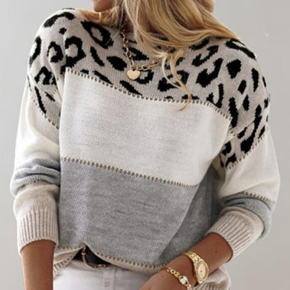 Women's Leopard Print Jumper – Colour-Block Bands Round Neck