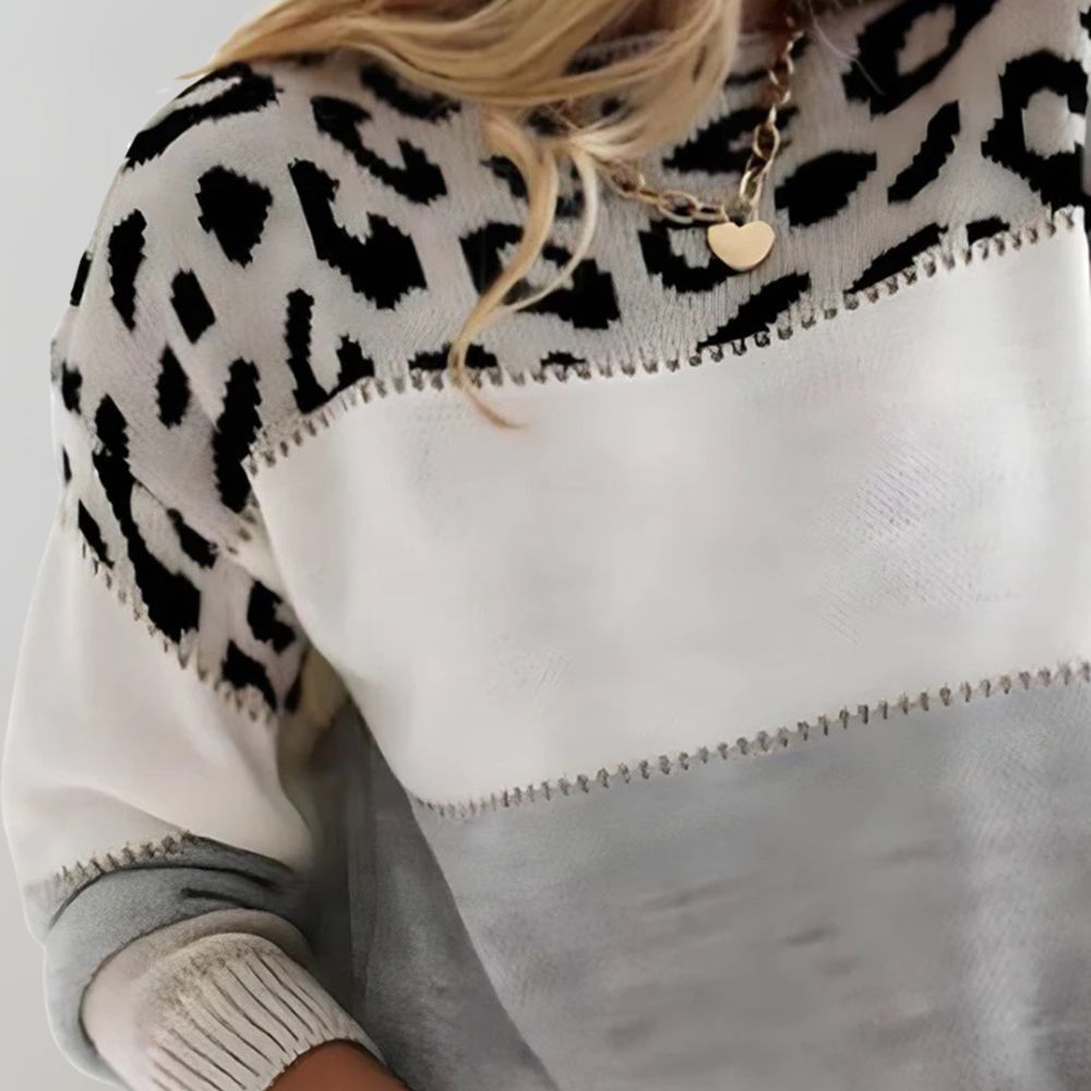 Women's Leopard Print Jumper – Colour-Block Bands Round Neck