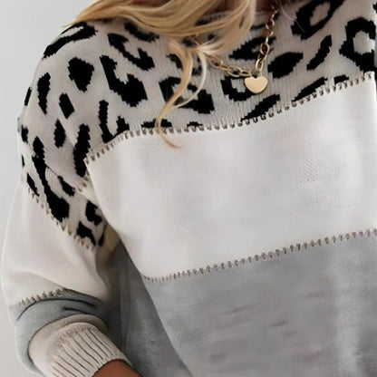 Women's Leopard Print Jumper – Colour-Block Bands Round Neck