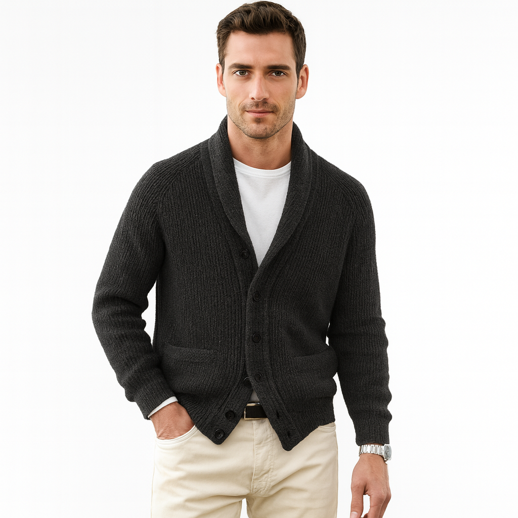 Men's Shawl-Collar Cardigan – Ribbed Knit Buttoned
