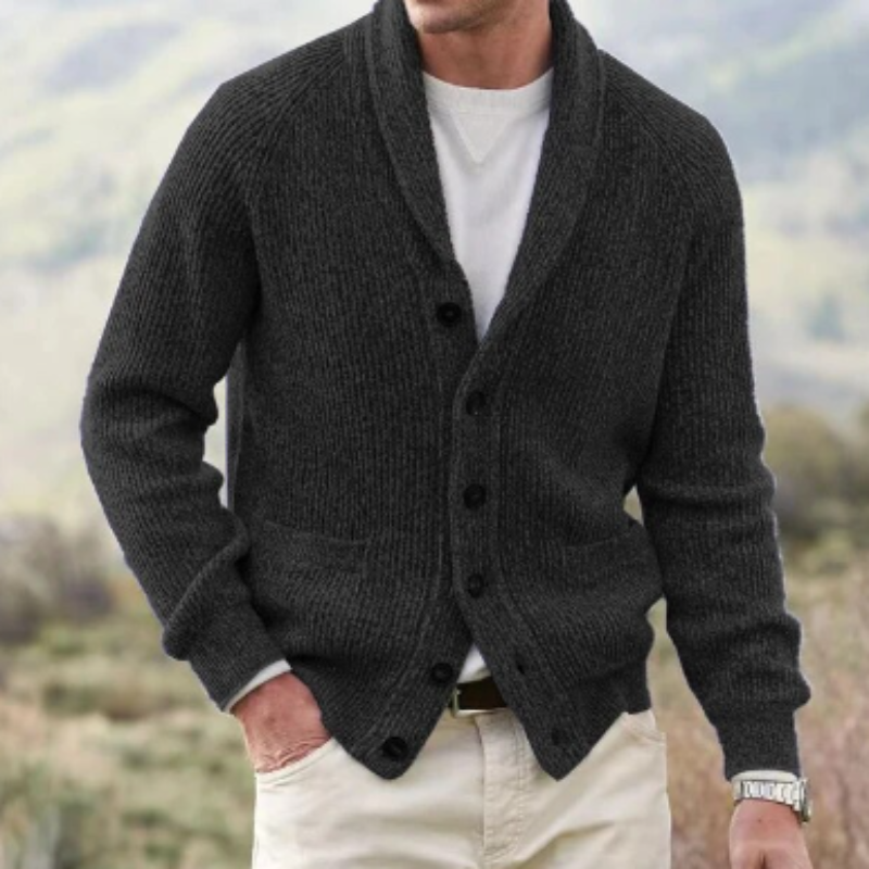 Men's Shawl-Collar Cardigan – Ribbed Knit Buttoned
