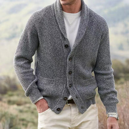 Men's Shawl-Collar Cardigan – Ribbed Knit Buttoned